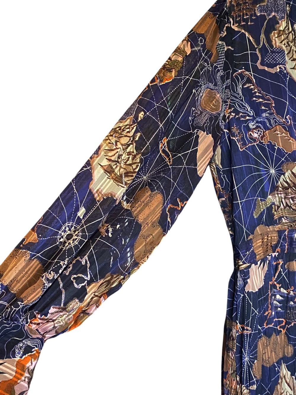 Scotch & Soda Size XL Navy Blue Map Print Pleated Midi Dress Long Sleeve EUC - Picture 5 of 13